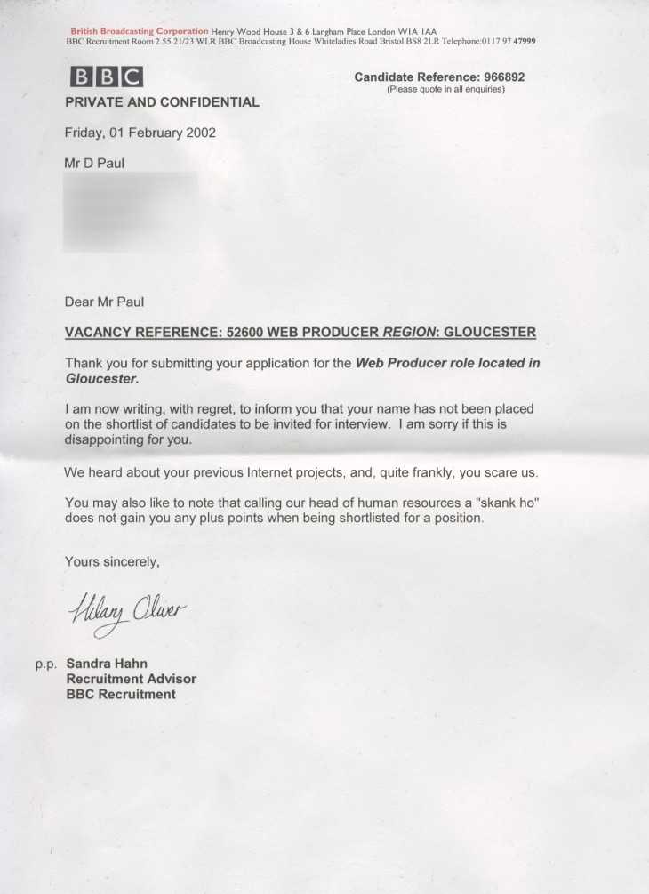 BBC web producer rejection letter
