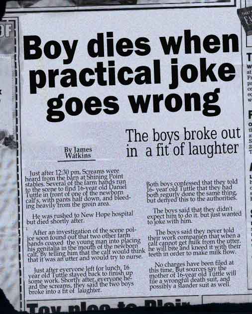 Boy dies when practical joke goes wrong