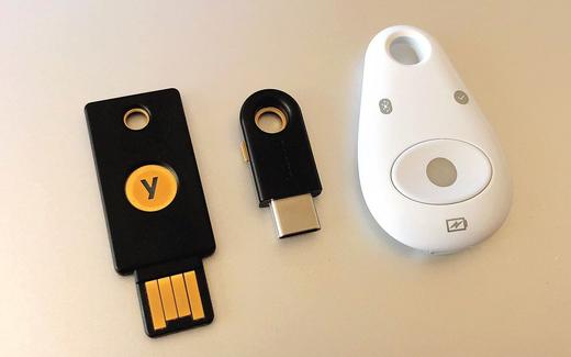Three hardware security keys for secure second-factor or multi-factor authentication: a Yubico Yubikey 4 in both USB A and USB C form, as well as a…
