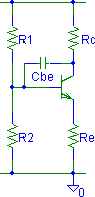 Transistor amplifier affected by the Miller effect